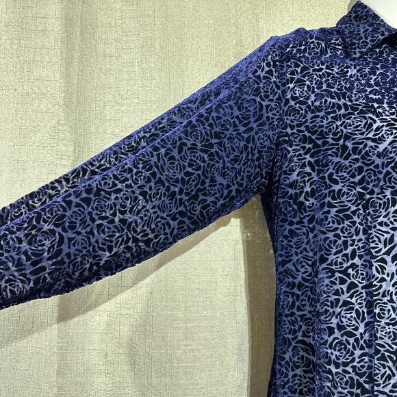 Merona Burnout Top Womens Large Blue Roses Mother of‎ Pearl Buttons Sheer Silk - Picture 3 of 8